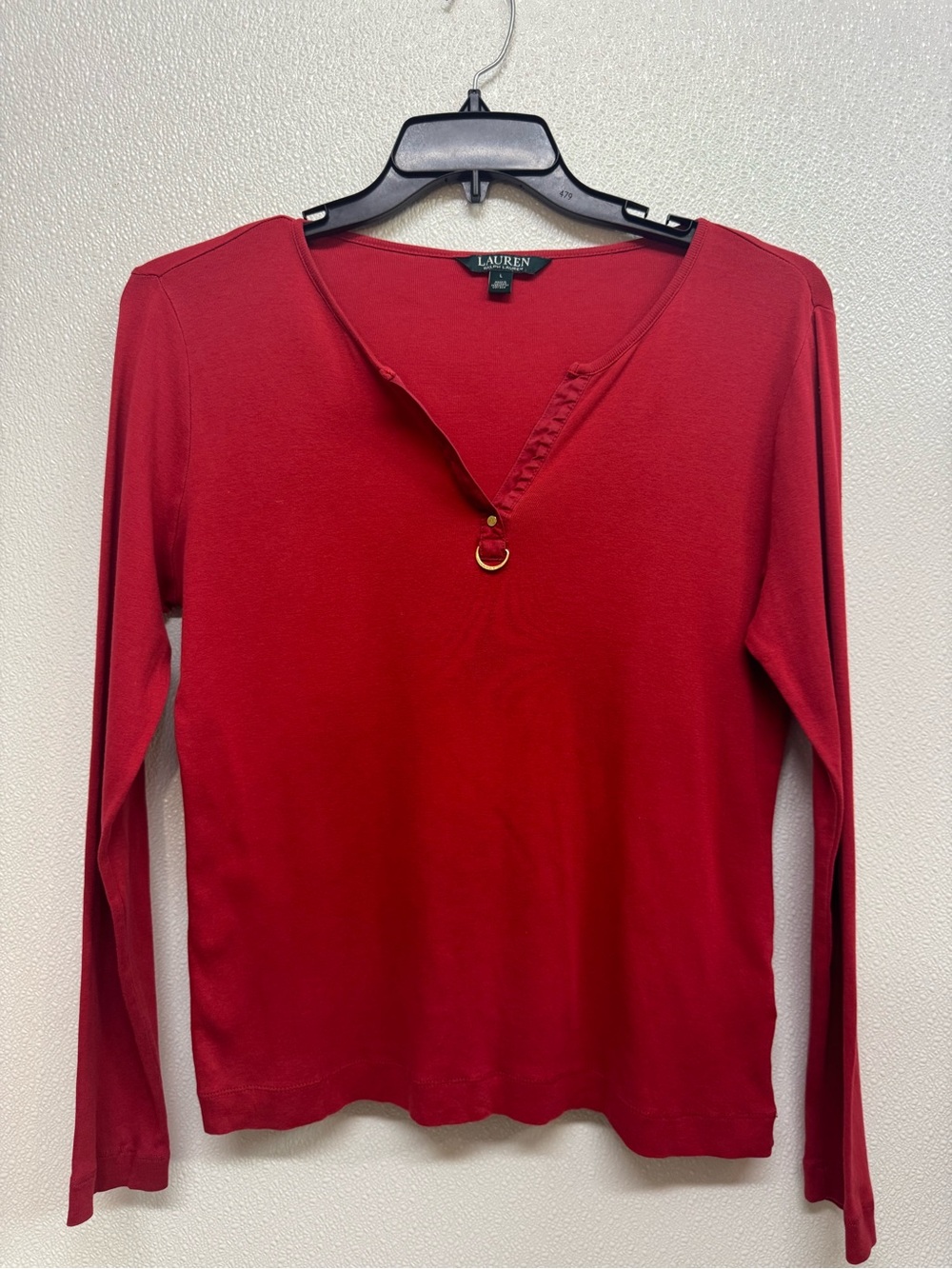 Lauren Ralph Lauren Red Long Sleeve Top with Gold Ring Accent